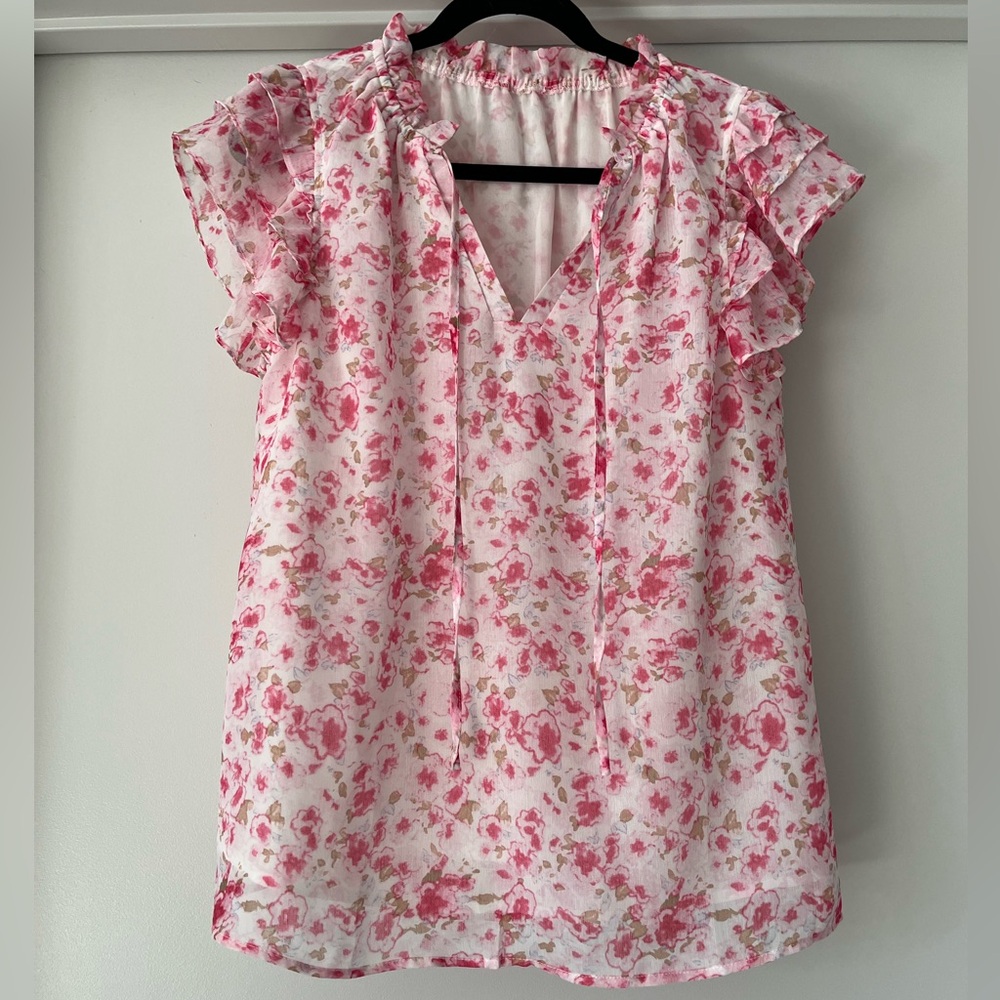 Floral Print Ruffle Hem Blouse | Pink/White | M